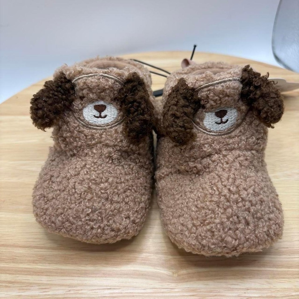 Wonder Nation Baby Bootie Slippers Size 4 Beige/Brown Faux Fur Dog Bear Non-Slip